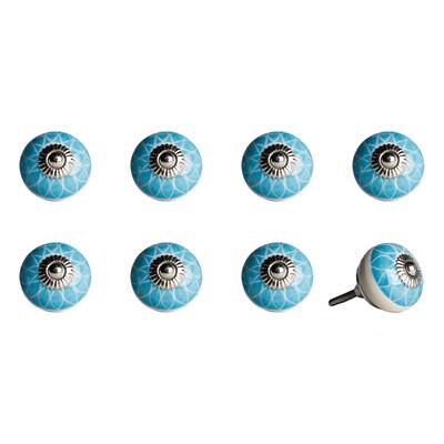HomeRoots 1.5" x 1.5" x 1.5" Ceramic/Metal Aqua & White 8 Pack Knob - 1.5" x 1.5" x 1.5"