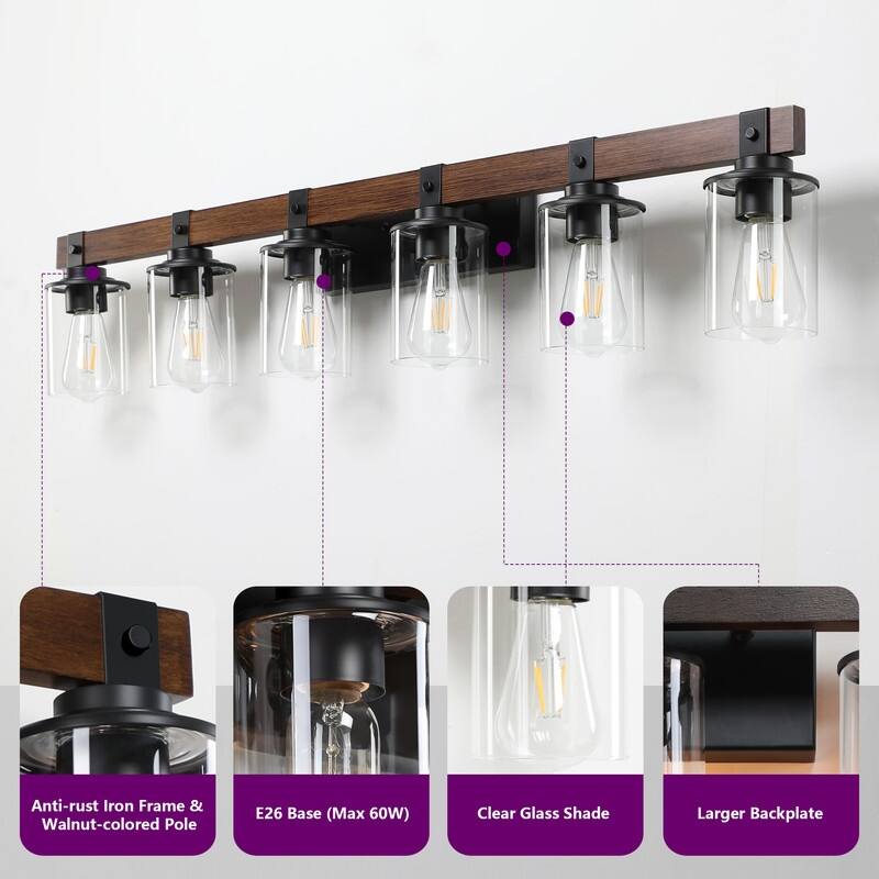 Vanity Light, Industrial Bathroom Wall Sconce with Glass Shades and Wood Accent, Modern Farmhouse Lighting Fixture (No Bulbs)
