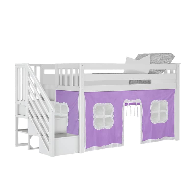 Max and Lily Twin Low Loft with Stairs and Curtains