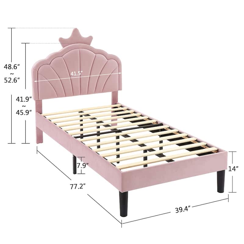 Javlergo Twin Size Platform Bed Frame with Crown Headboard Adjustable Height Upholstered Princess Bed for Kids