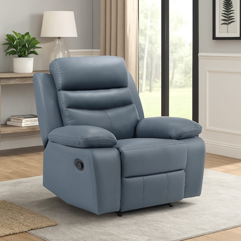 Hanna Manual Reclining Chair, Blue Top Grain Leather Cushions