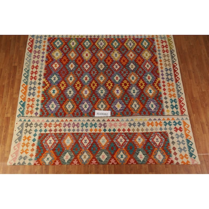 All-Over Geometric Kilim Oriental Area Rug Hand-Woven Wool Carpet - 9'2"x 11'3"