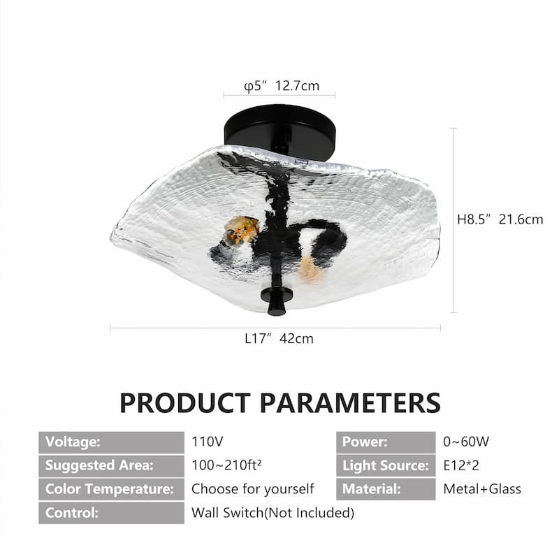 16.5" Glass Semi Flush Mount Ceiling Light Fixture, 2-Lights Close to Ceiling Light, Modern Ceiling Light Fixture