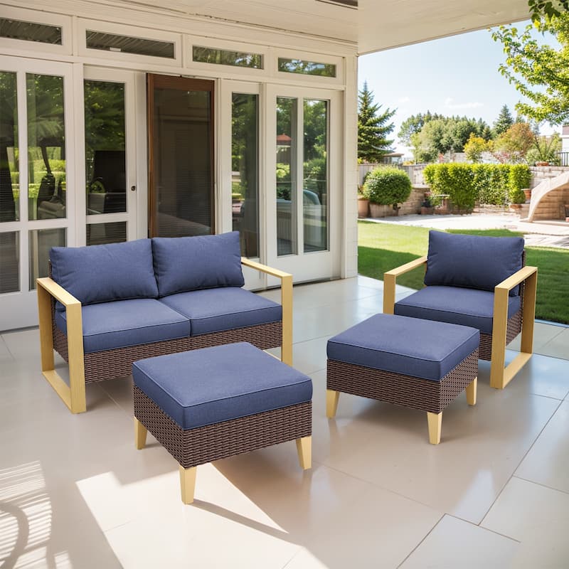 Gymojoy PE Wicker Conversation Loveseat Sofa Chair Set - Brown - Blue