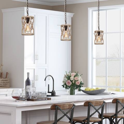 Woodly Farmhouse 1-Light Rustic Wood Cylinder Island Pendant Lights for Dining Room - 6'' L x 6'' W x 11'' H