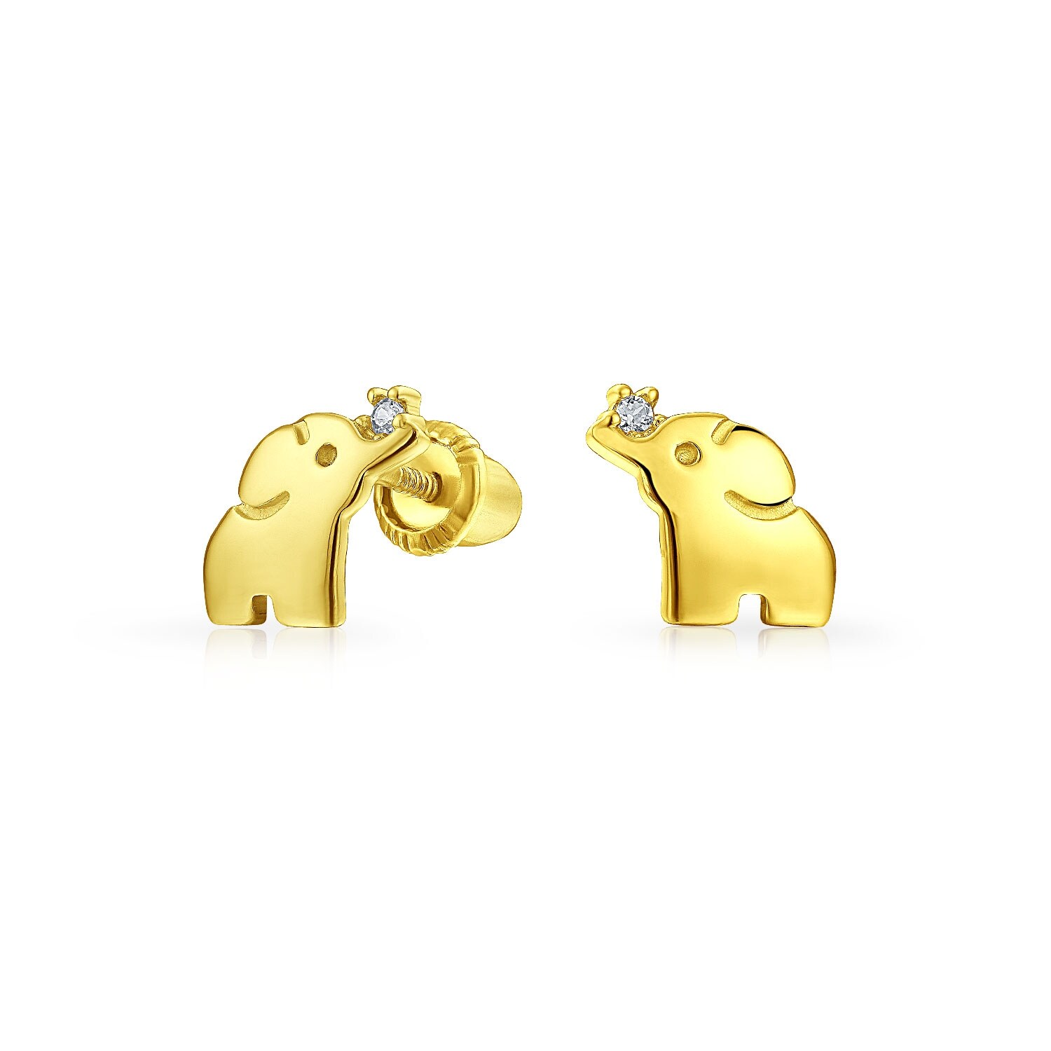 10k Yellow Gold Tiny Elephant with CZ Stud Earrings and Secure Screw-Backs 