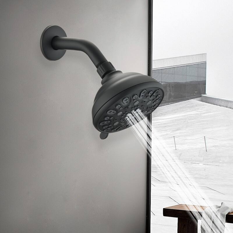 Matte Black high pressure 6-setting 4" shower head - Angle adjustable, clog-proof shower head