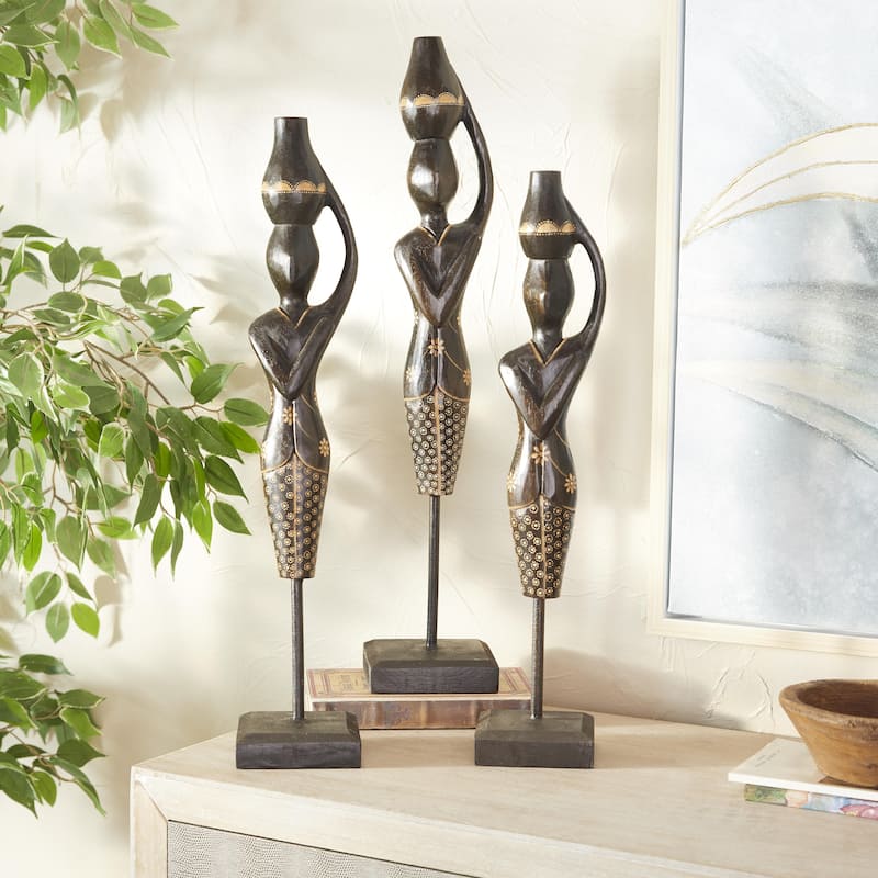 Wood Woman Standing African Sculpture with Baskets on Their Heads - Set of 3 Black - Roche River Decor