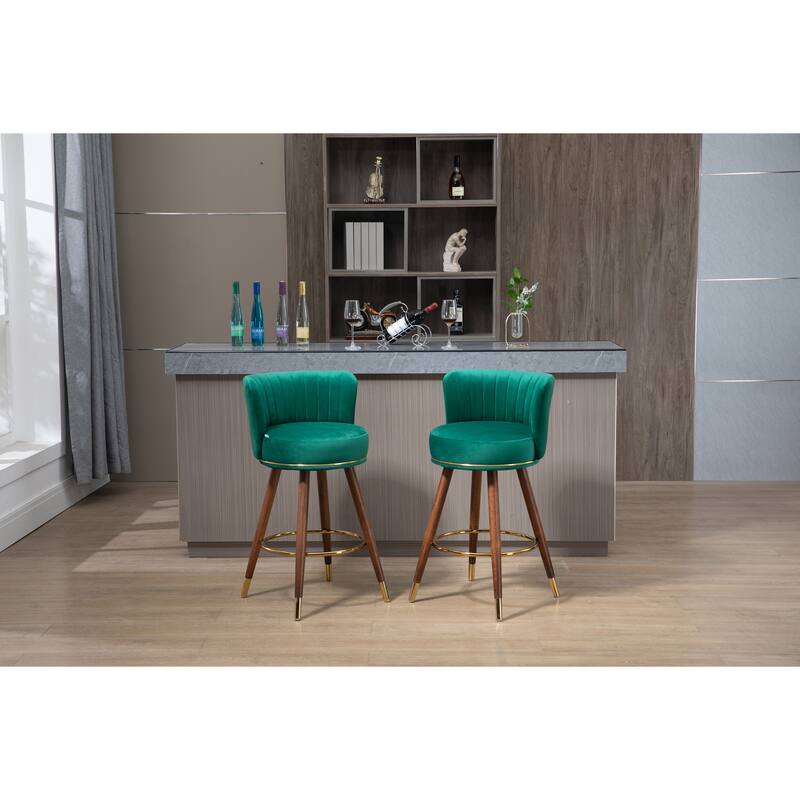 Bar Stools Set of 2, Swivel Barstools with Wood Legs and Footrest, Upholstered Kitchen Stool Island with Backs
