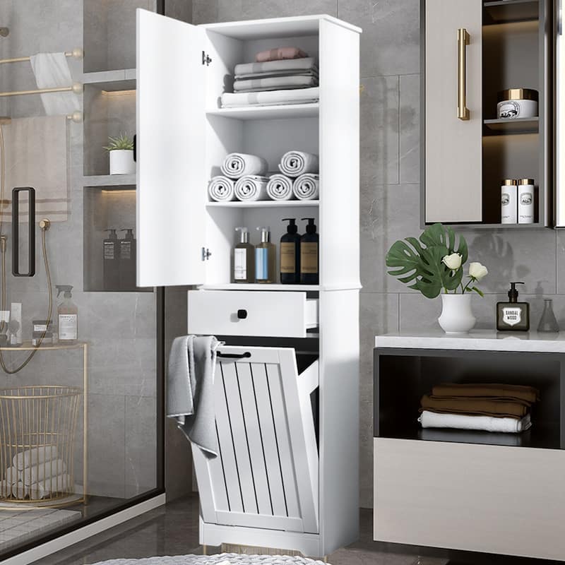 Laundry Cabinet With Doors And 1 Drawer,Tilt-Out Laundr Hamper,Adjustable Shelf, Linen Cabinet - White