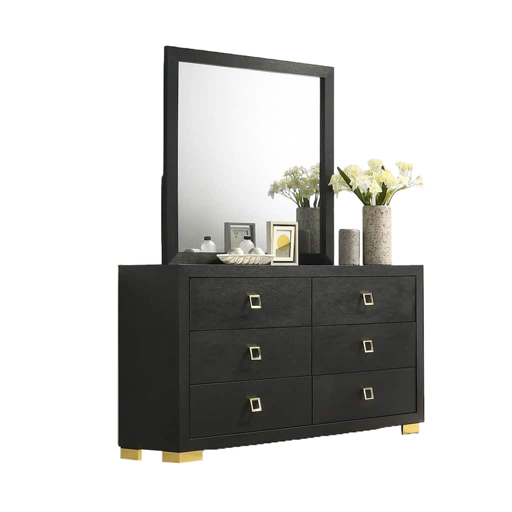 Lati Wide Dresser, 6 Drawers, Modern Black Wood, Gold Metal