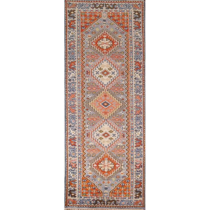Gray Geometric Kazak Oriental Runner Rug Handmade Wool Carpet - 2'6"x 8'0"