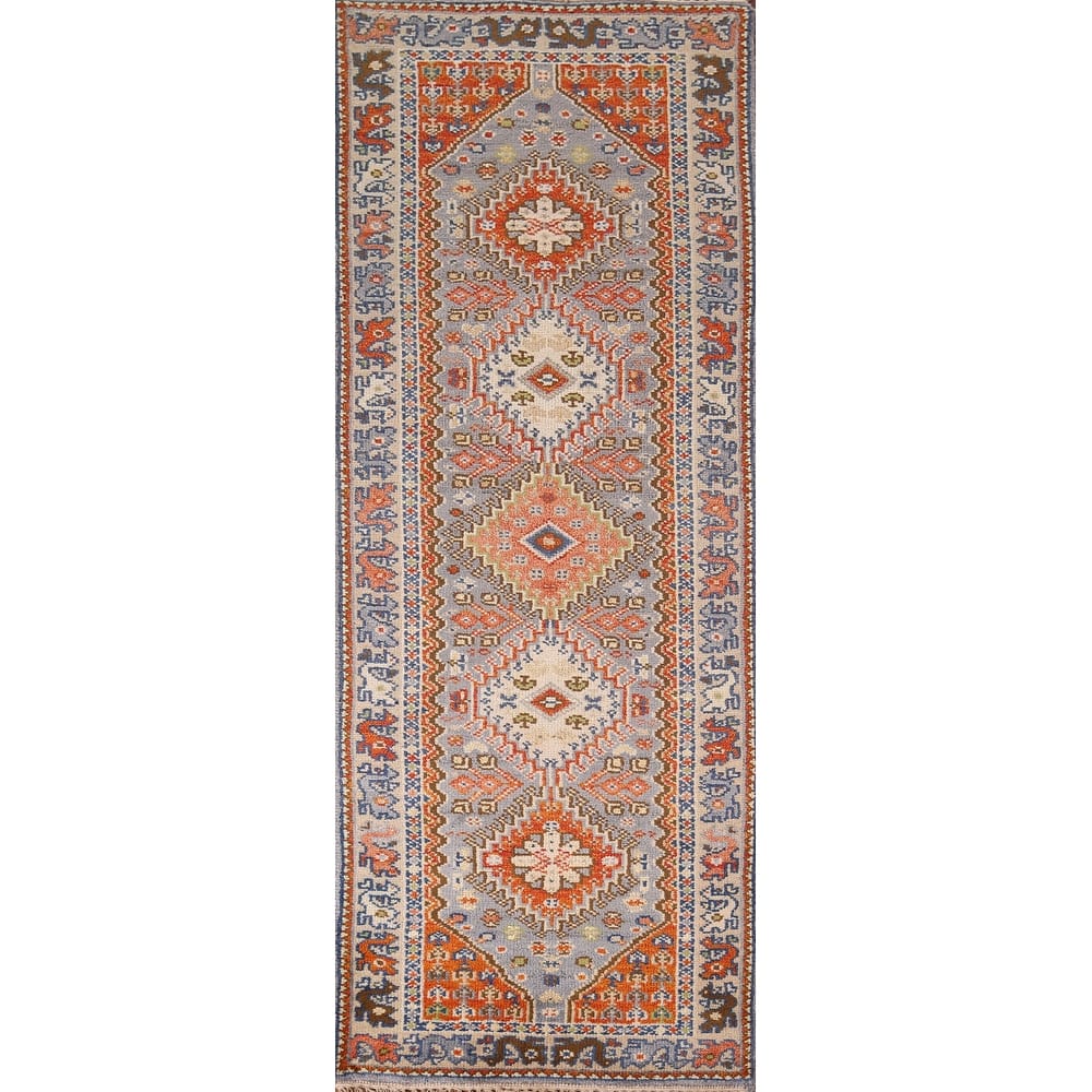 Gray Geometric Kazak Oriental Runner Rug Handmade Wool Carpet - 2'6"x 8'0"