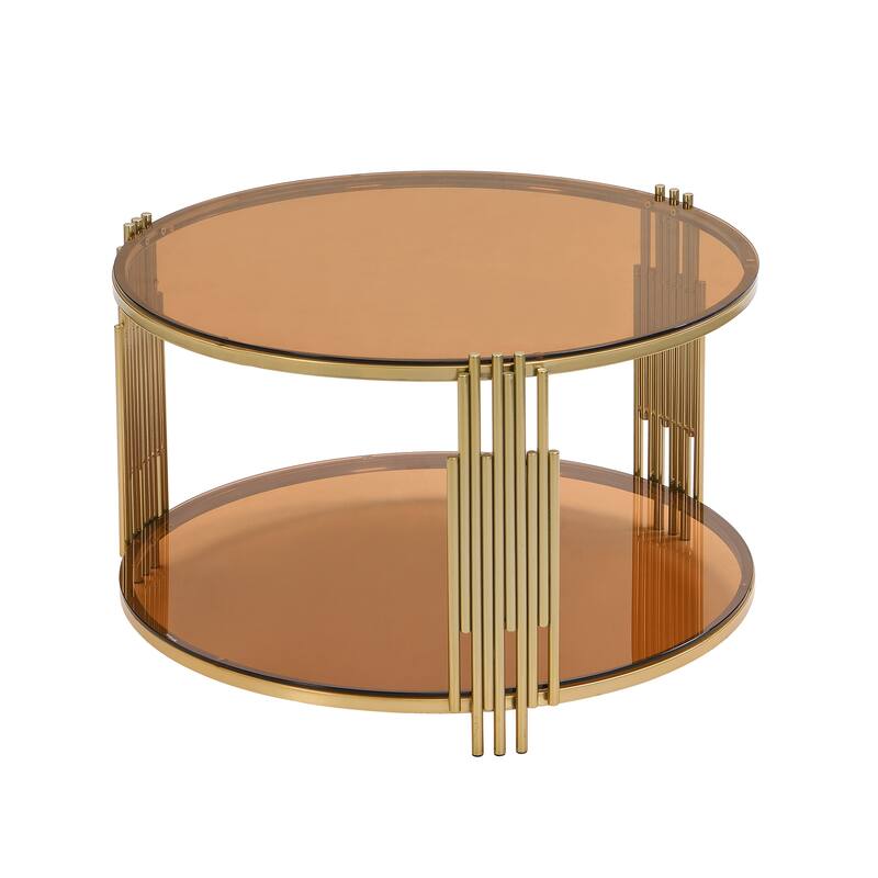 31.5" Tempered Glass Coffee Table with Asymmetrical Metal Design and Lower Shelf