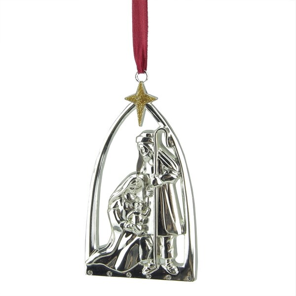 3.75" Gold and Silver Nativity Scene with European Crystals Christmas Ornament. Opens flyout.