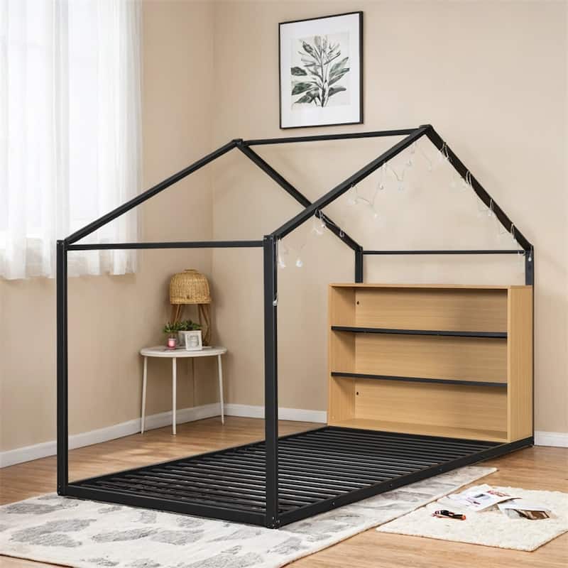 Twin Size Metal Bed House Bed Frame with Shelves and Lights