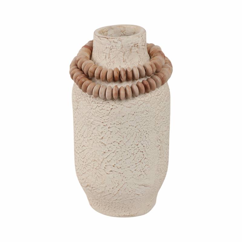 Pottery Mango Wood Vase Textured Surface and Removable Beaded Accent
