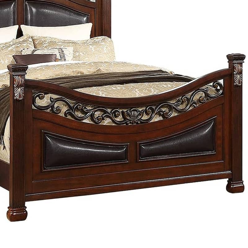 Meo Queen Size Bed, Padded Carved Dark Brown Faux Leather Upholstered