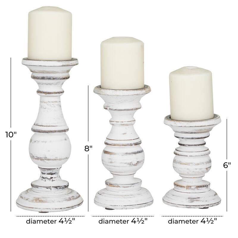 Mango Wood Distressed Turned Pillar Decorative Candle Holder - Set of 3 - Roche River Decor