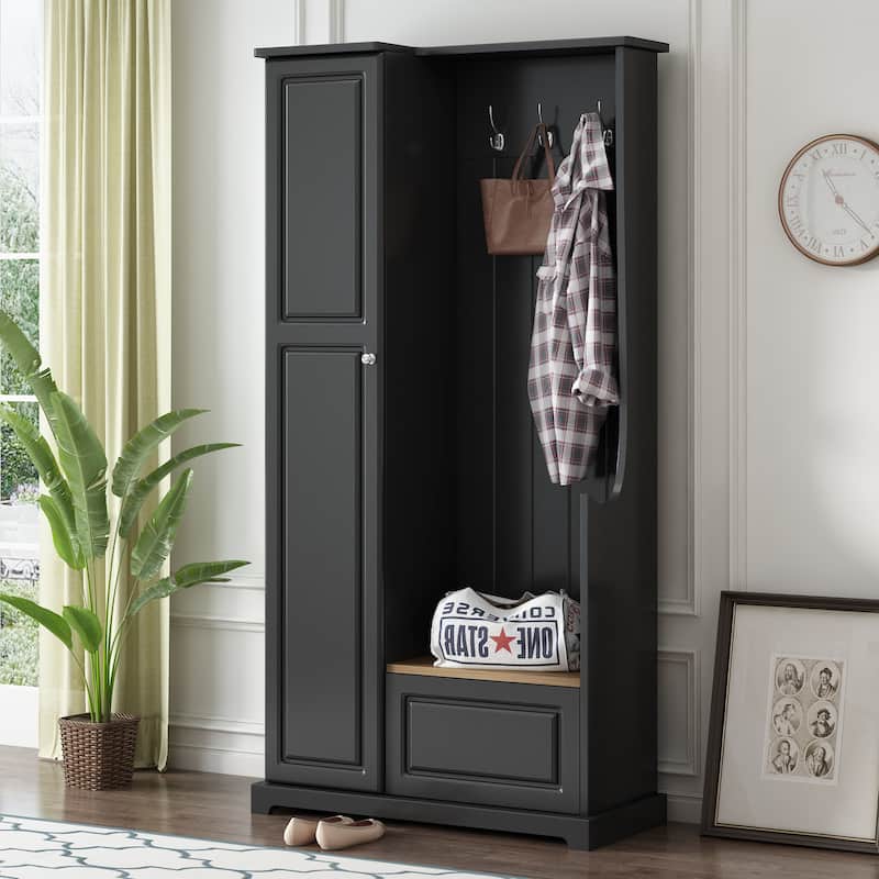 Versatile Design Hall Tree with Flip-Up Bench, 4-in-1 Minimalist Coat Hanger Shoe Cabinet with Adjustable Shelves, Hanging Hooks