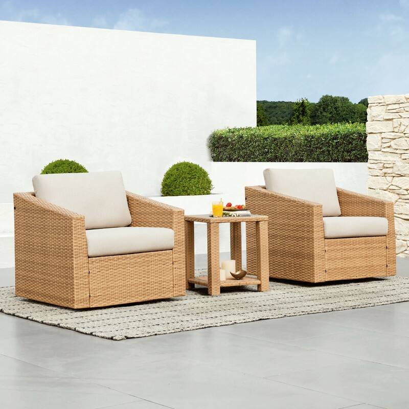 Oakley Outdoor Wicker Patio Furniture Swivel Chair - 2 Chair+1 Side table - Light Brown Wicker-Cream