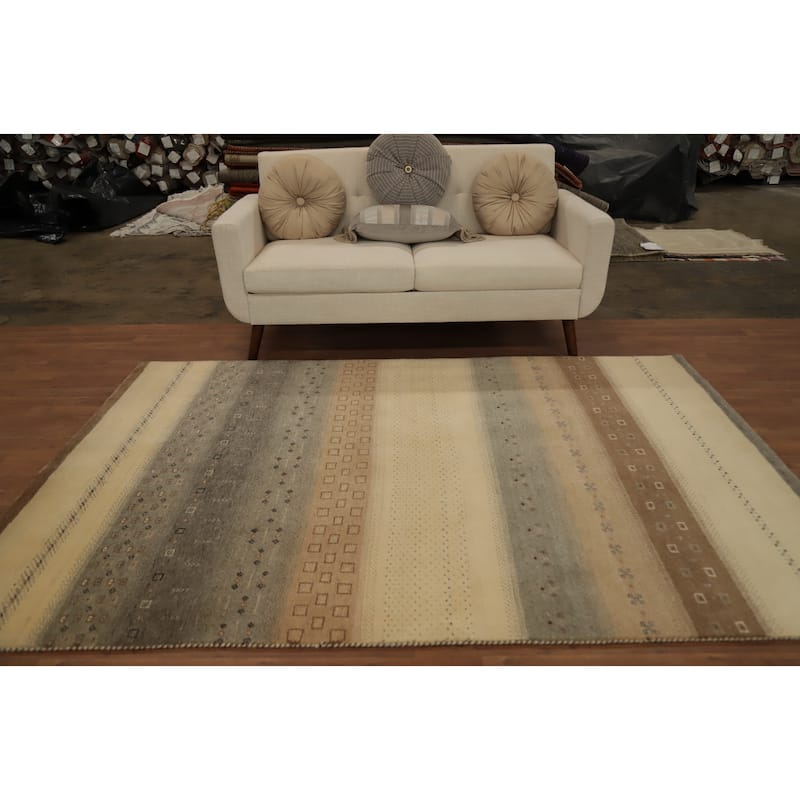 Hand Knotted Oriental 100% Wool Carpet Tribal Geometric Beige & Ivories Gabbeh Area Rug - 7' 11'' X 5' 4''