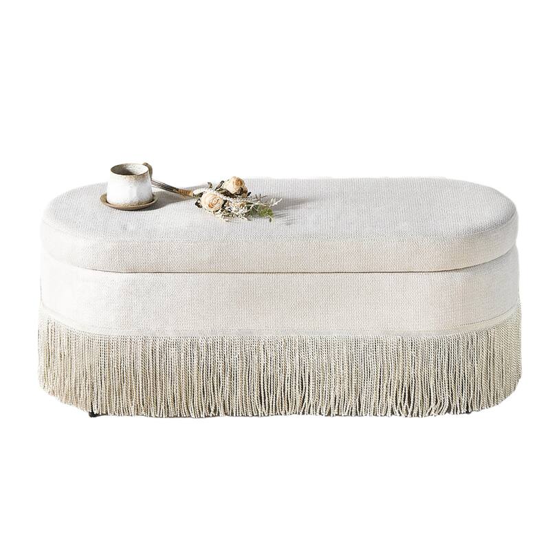 Oval Upholstered Storage Ottoman with Fringe Trim & Lift-Top Lid - 39"L x 16"W x 17"H,Multi-Functional Footrest & Hidden Storage