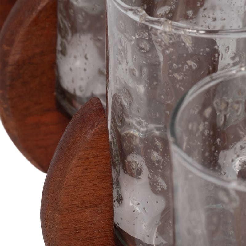 Sagebrook Home Neutral 24-Inch Brown/Clear Glass Votive Candle Holders With Mango Wood Base, Tealight Holder Set - 24" x 5" x 5"