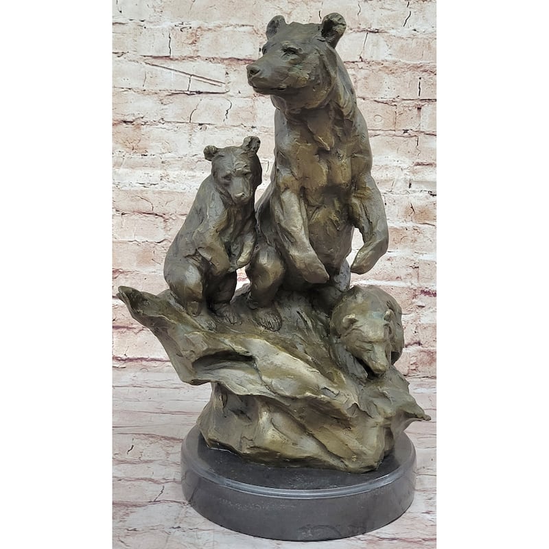 Large Mother Bear With Her Cubs On A Rock Bronze Art Deco Marble Sculpture Barye