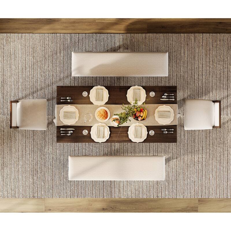 5-pieces Farmhouse Dining Table for 6, 74.8" Kitchen Table Set with 2 Benches and 2 Chairs, Solid Wood Legs and Cushion Seat