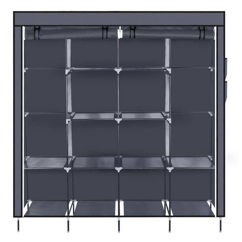 Clothes Closet Portable Wardrobe 12-shelf 4-pocket Storage Rack - Grey