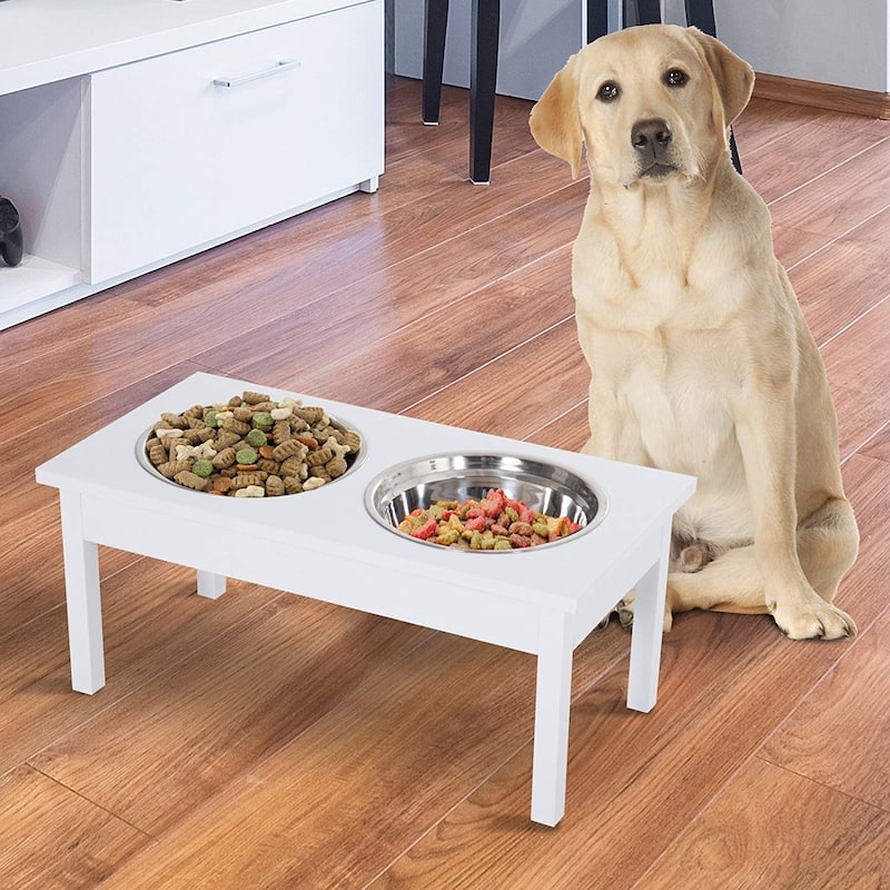 PawHut 23" Elevated Durable Wooden Heavy Duty Dog Pet Bowl Feeding Station - White