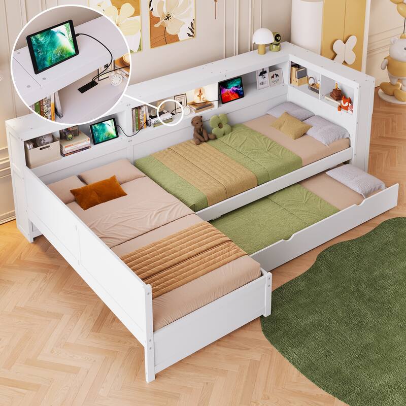 Twin Size L-shaped Platform Bed with Trundle, Drawer, and Charging Station, White - White