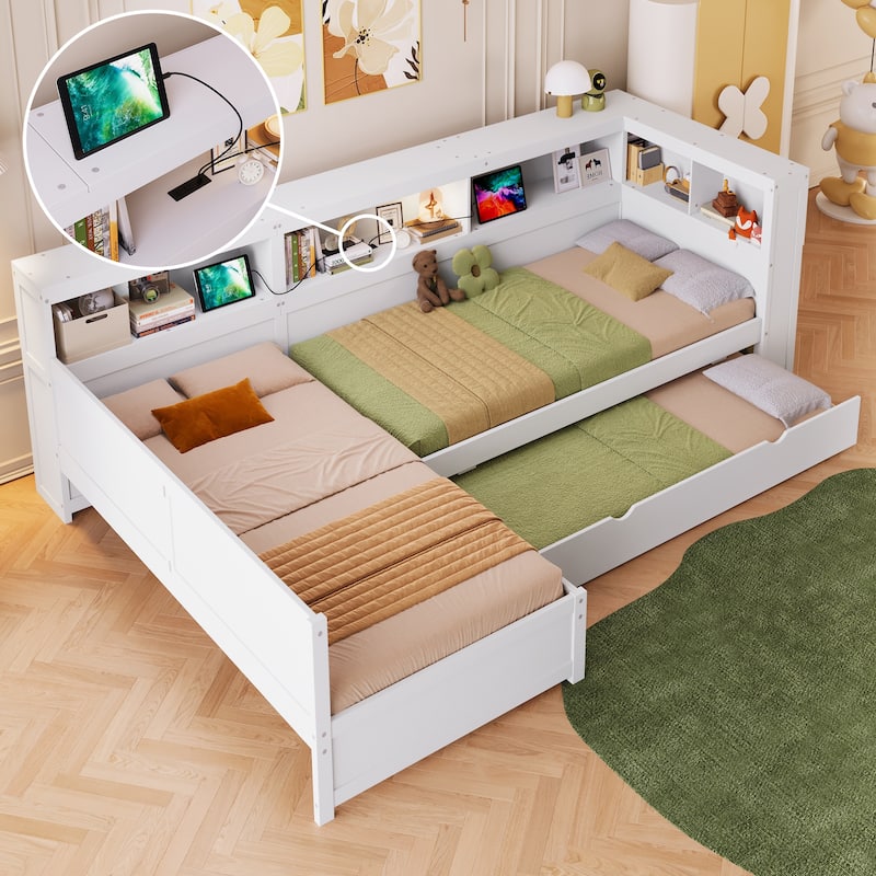 Wood Twin Size L-Shaped Platform Bed with Trundle Drawer Storage - White - Twin