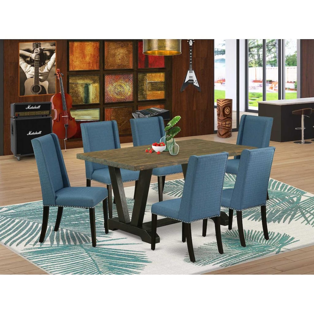 HomeStock 7-Piece Distressed Jacobean Finish Solid Wood Top Dining Table with 6 Parson Chairs