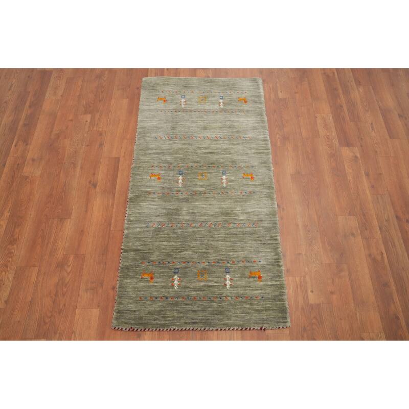 Hand Knotted Oriental 100% Wool Carpet Tribal Animal Pictorial Green Gabbeh Area Rug - 4' 0'' X 2' 0''