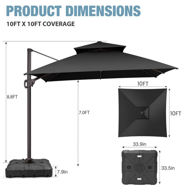 VredHom Double Top 10x10 FT Square Patio Cantilever Umbrella with Wheel Base