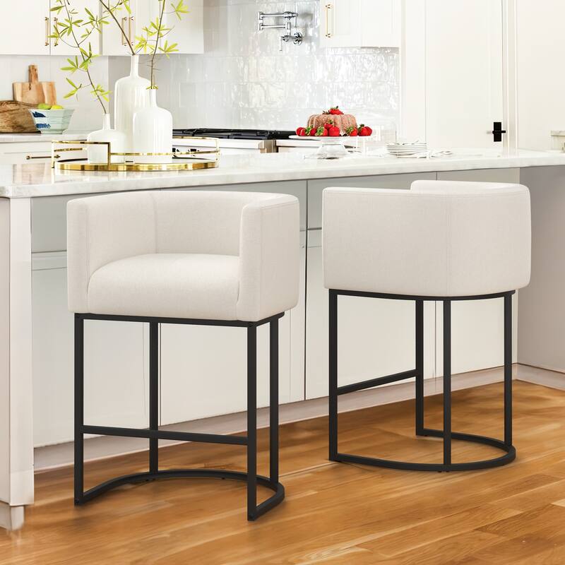 26 in. Counter Height Low Back Bar Stool with Metal Frame Modern Barrel Fabric Bar Stool for Kitchen Island