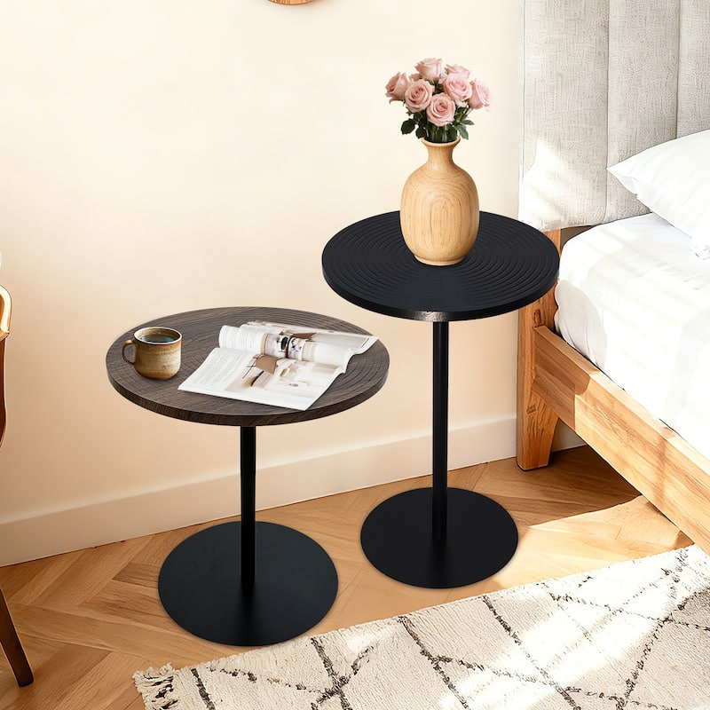 Set of 2 Small Round Side Table Wooden Concentric Circles Coffee Table for Two Metal Pedestal Nightstand for Corner Small Space - Walnut+black