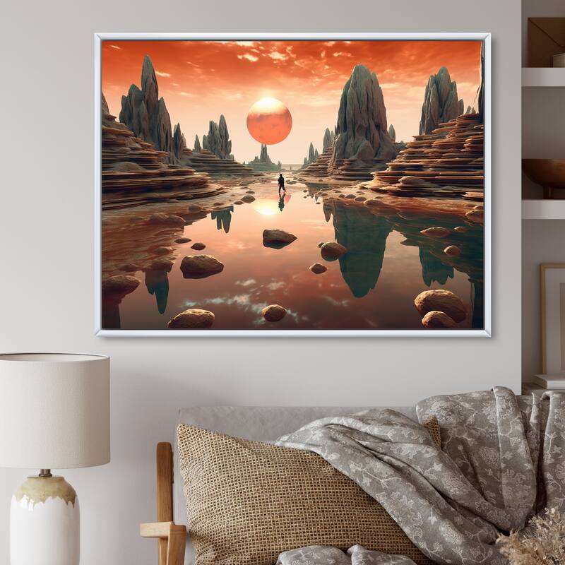 Designart "Pink Moon Rising Futuristic Mountain Landscape" Abstract Landscape Framed Wall Art Prints - 44 in. wide x 34 in. high - White