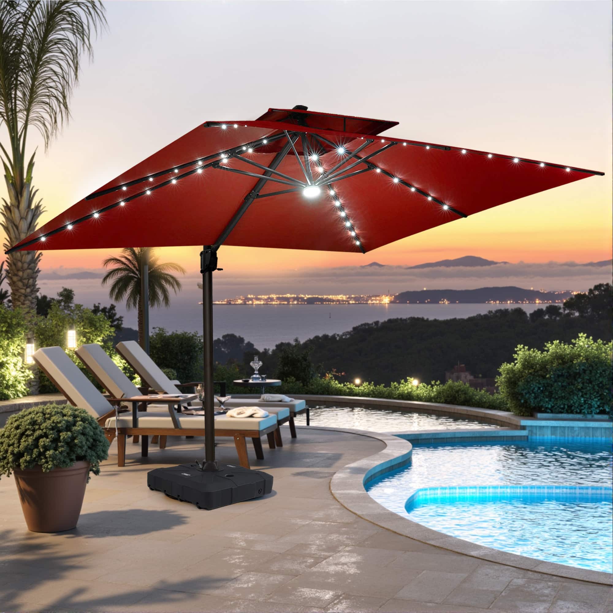 13ft patio umbrella Wooden 8-Rib with Weighted Base The cantilever umbrella has an umbrella base made of resin Kingdura 13ft Large Patio Umbrella