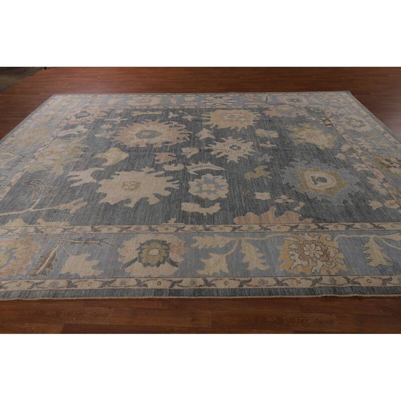 Vegetable Dye Oushak Turkish Area Rug Hand-Knotted Blue Wool Carpet - 9'2"x 11'9"