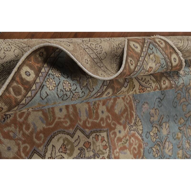 Light Blue Tabriz Persian Vintage Area Rug Handmade Wool Carpet - 9'10" x 12'7"