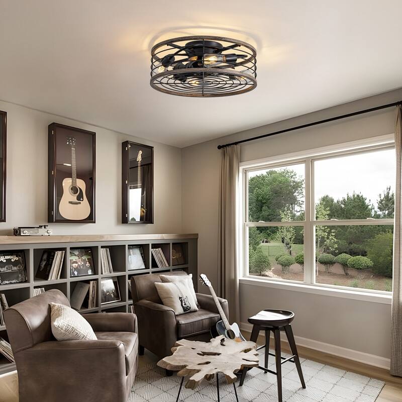 20 in. Wood Finish Ceiling Fan with Light Low Profile Farmhouse Indoor Ceiling Fans Caged Ceiling Fan Light for Bedroom - N/A