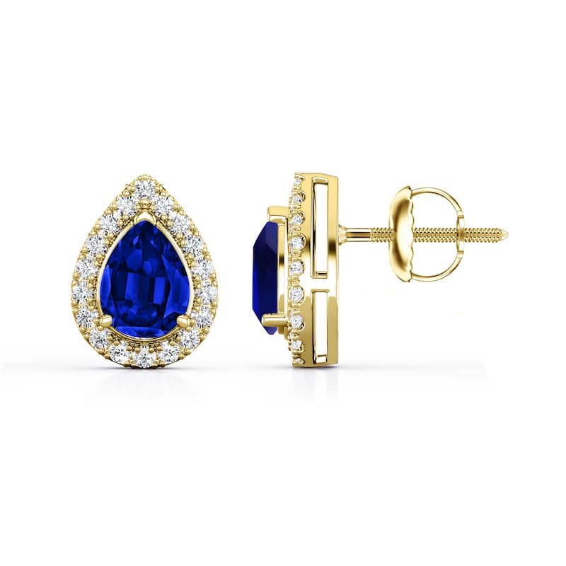Auriya 14k Gold Lab Grown Gemstone Blue Sapphire Stud Earrings Pear 0.25 to 5.00 ct. tw. Halo Screw-Back - 0.40ct tgw. - Yellow