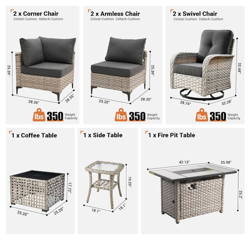 OVIOS 9 Pieces Outdoor Wicker Swivel Chair Set With Fire Table