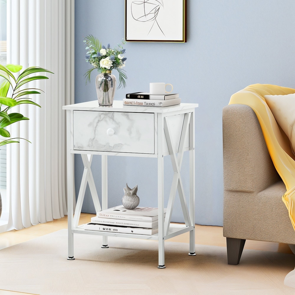 Mid Century Modern End Table with Storage Shelf X-Shaped Sofa End Table with Handle Drawer Felt Padded Legs