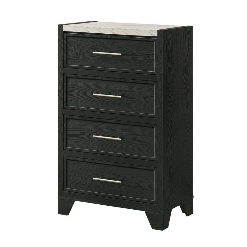 Modern White Faux Marble Top 4-Drawer Tall Chest in Black Finish