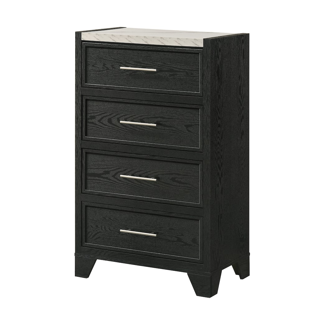 Modern White Faux Marble Top 4-Drawer Tall Chest in Black Finish