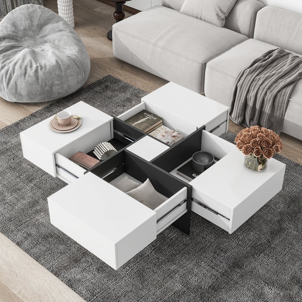 Roomfitters Square Coffee Table with Hidden Storage, Modern High Gloss Center Table with Extendable Sliding Top
